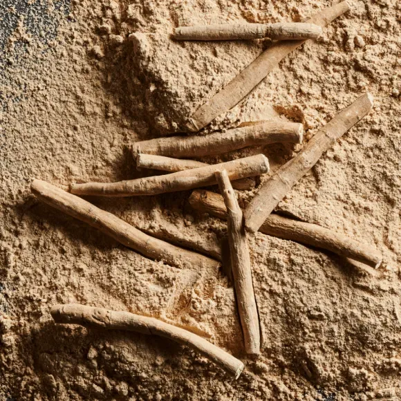 Dried ashwagandha roots on powdered root extract